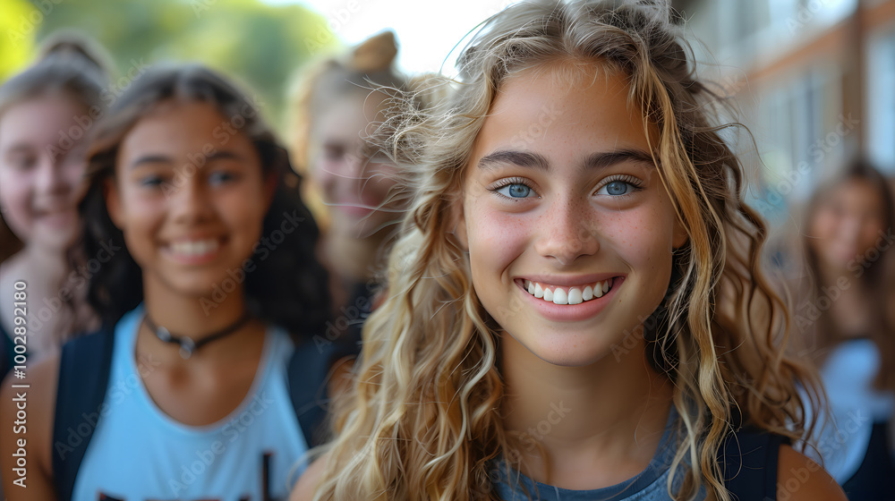 A group of cheerful teenage girls smiling outdoors, embodying friendship, happiness, and the carefree spirit of youth in a sunny setting