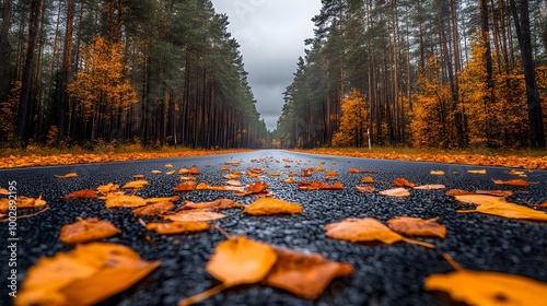 Bright landscape of a road across auttumn forest with fallen orange and yellow leafs photo