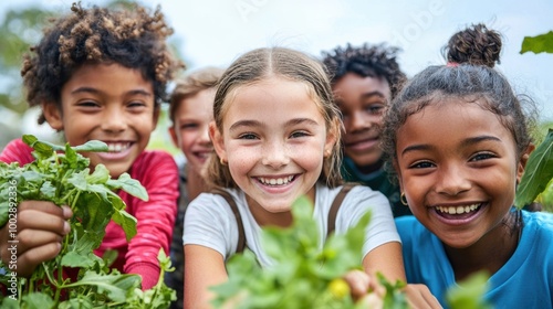 Diverse Group of Smiling Girls Exploring Garden Together