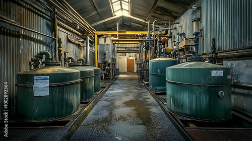 An image showcasing a chemical dosing station with large tanks and automated pumps dispensing chemicals into the treatment process. The setup is highly organized photo