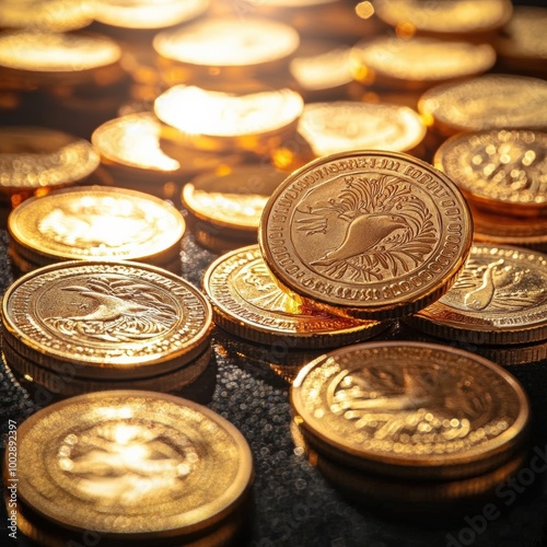 Create a wide-angle view of gold coins scattered on a black surface, shimmering brightly in the light, capturing wealth and prosperity