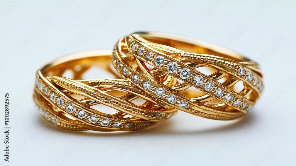 Design a long shot of two intricately intertwined, shimmering gold wedding rings symbolizing eternal love and commitment Design a long shot of two intricately intertwined, shimmering gold wedding rings symbolizing eternal love and commitment