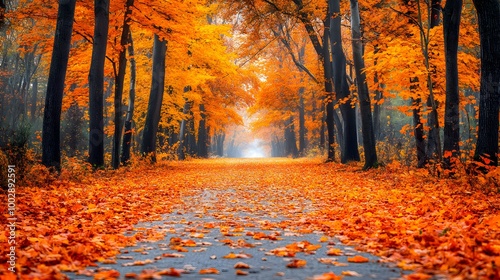 Bright landscape of a road across auttumn forest with fallen orange and yellow leafs photo