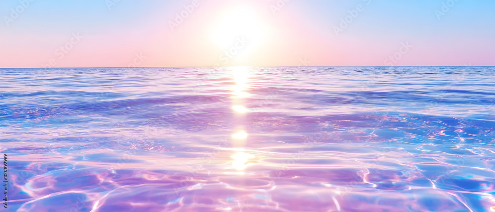 Fototapeta premium Serene Sunset Sea: A breathtaking panorama of the sea at sunset, with the golden light reflecting off the gentle waves. The sky is ablaze with vibrant hues of pink, orange, and purple.
