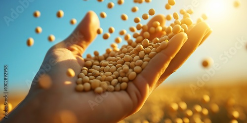 A hand holding yellow soybeans above a farming field, symbolizing agriculture, organic food production, and sustainable farming practices in a natural environment., Generative Ai