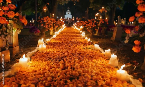 The path to the cemetery for spirits, made of orange petals and candles, is a traditional Mexican day of the dead