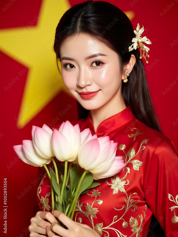 Fototapeta premium Portrait of a smiling asian woman in a red traditional costume holding lotus flowers, with the Vietnam flag in the background, taken in natural light