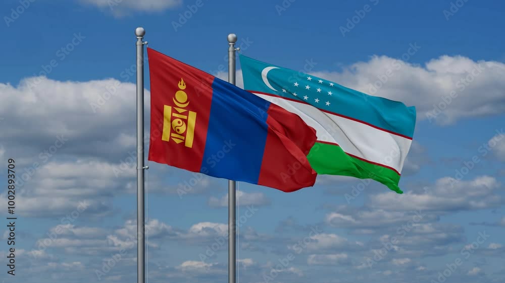 Republic of Uzbekistan and Mongolia flags flying together, video concept of the relationship, two country cooperation concept Republic of Uzbekistan and Mongolia flags flying together, video concept of the relationship, two country cooperation concept