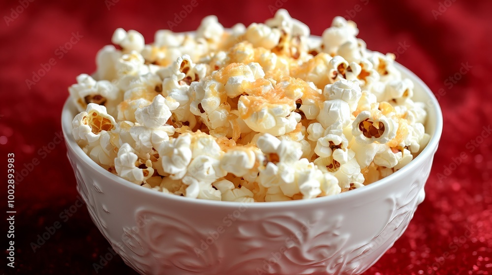 A white bowl filled with delicious popcorn, sprinkled with melted cheese, sits on a red background. It's perfect for a movie night snack! A white bowl filled with delicious popcorn, sprinkled with melted cheese, sits on a red background. It's perfect for a movie night snack!