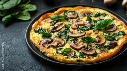 Fresh homemade omelette with mushrooms, feta cheese and herbs. A healthy protein breakfast with mushrooms and spinach