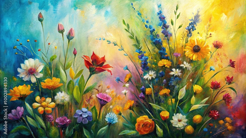 Abstract art of plants, flowers, and golden grain on canvas with freehand oil painting technique Abstract art of plants, flowers, and golden grain on canvas with freehand oil painting technique