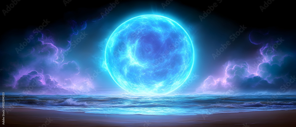 Fototapeta premium Mystical Portal of Energy: A vibrant blue energy orb pulses in the center of the frame, nestled between a turbulent, stormy sky and a surging ocean.