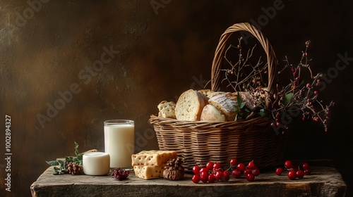 A wooden table holds a basket filled with delicious dairy treats. The scene is set against a dark brown backdrop. photo