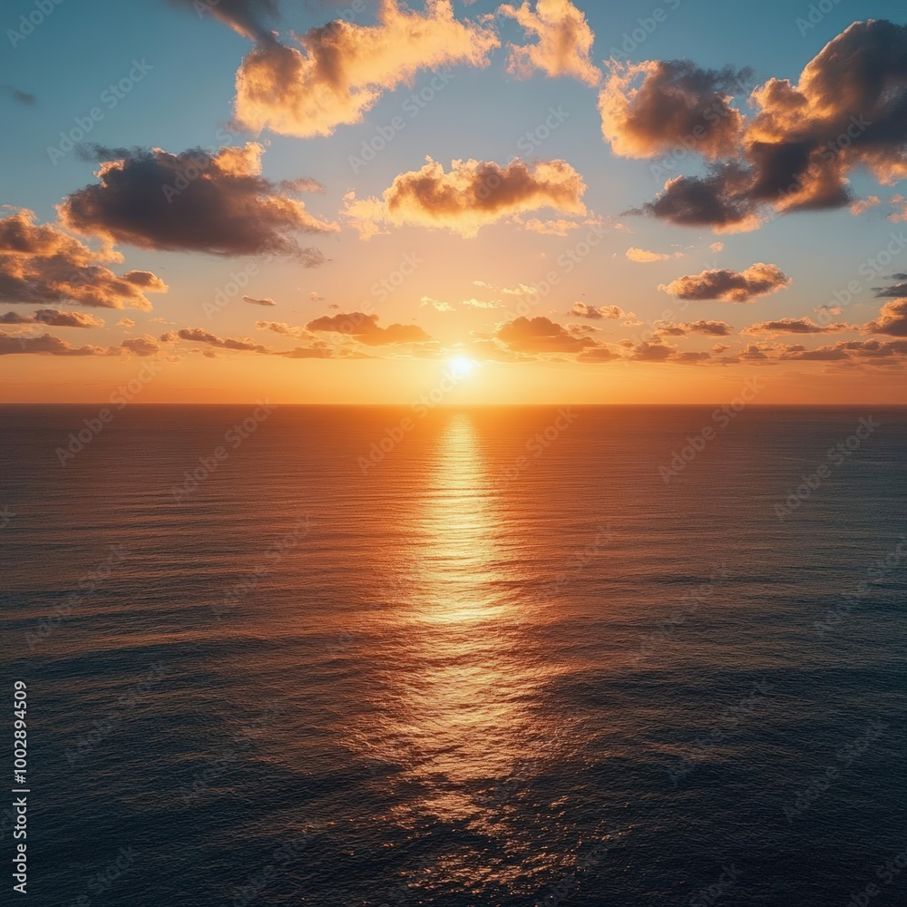 Fototapeta premium Illustrate a picturesque golden sunset spreading its beauty over a vast ocean from a birds eye view