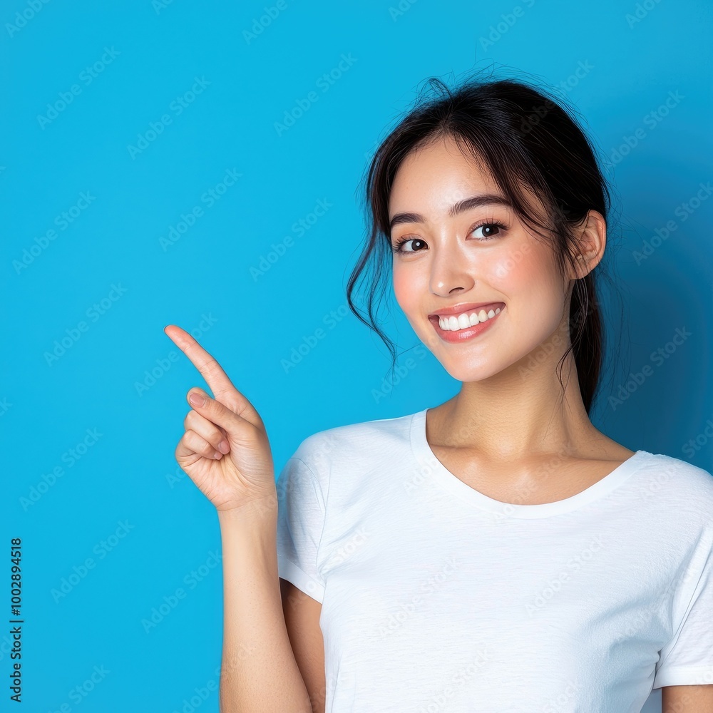 Smiling young Asian woman pointing up against blue background Smiling young Asian woman pointing up against blue background