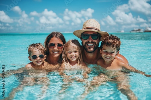 Happy family with little son enjoying time in sea in exotic country, Generative AI