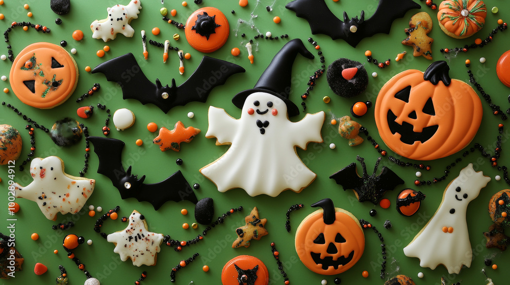 Fototapeta premium Ghost, pumpkin, bat, and witch hat cookies, all homemade, were arranged on a green background with candy beads and decorations.