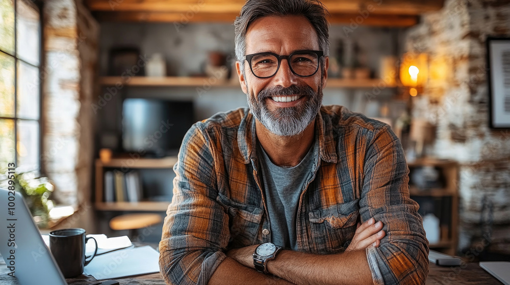 Obraz premium A cheerful man with glasses and a beard sits confidently at his desk, surrounded by a cozy, rustic home office atmosphere