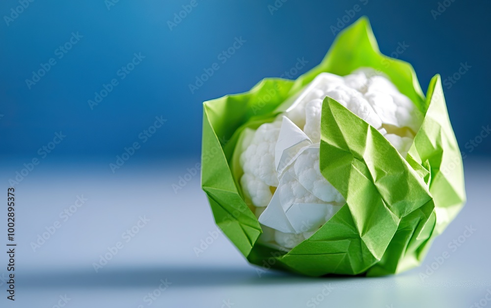 A beautifully crafted origami cabbage, featuring intricate folding techniques and vibrant green leaves, set against a soft blue background. A beautifully crafted origami cabbage, featuring intricate folding techniques and vibrant green leaves, set against a soft blue background.