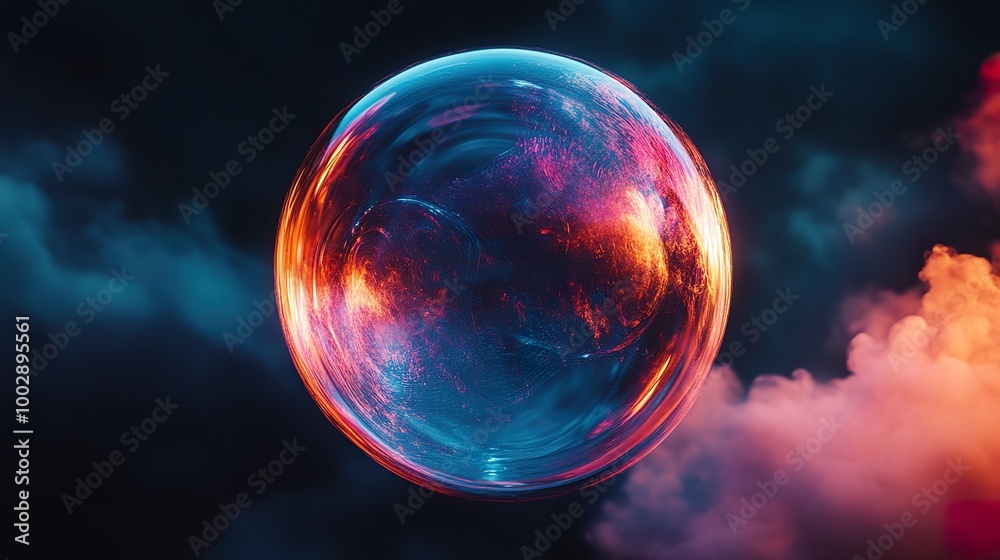 Single Large Soap Bubble with Intricate Reflections on Dark Background Single Large Soap Bubble with Intricate Reflections on Dark Background
