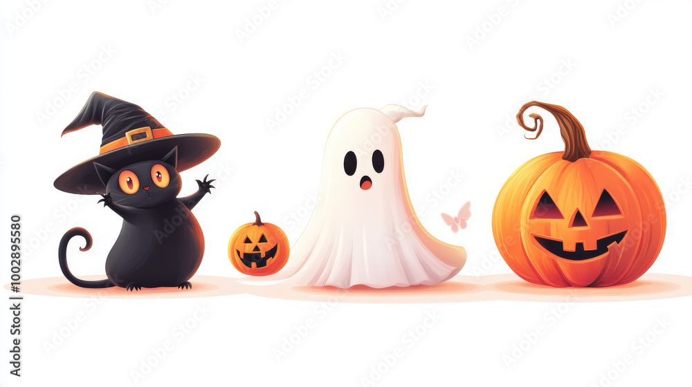 Halloween clipart with ghost, pumpkin, black cat and witch hat. Vector cartoon cute characters with scary smile and boo expression. Fall party cosplay costume sticker set. Magic creature png render Halloween clipart with ghost, pumpkin, black cat and witch hat. Vector cartoon cute characters with scary smile and boo expression. Fall party cosplay costume sticker set. Magic creature png render