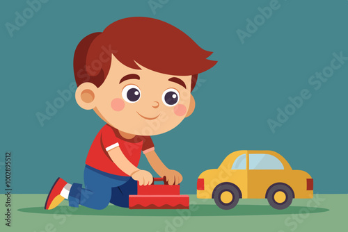 A boy playing with toy car VECTOR ILLUSTRATION 