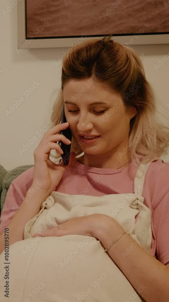 Vertical Screen: Pregnant female caressing her belly while talking on phone relaxing on couch. Future mom talking to the doctor having no health issues. Pregnancy and technology concept. Vertical Screen: Pregnant female caressing her belly while talking on phone relaxing on couch. Future mom talking to the doctor having no health issues. Pregnancy and technology concept.