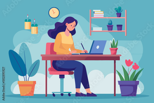 A woman working in the office with laptop  VECTOR ILLUSTRATION 