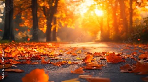 Bright landscape of a road across auttumn forest with fallen orange and yellow leafs photo