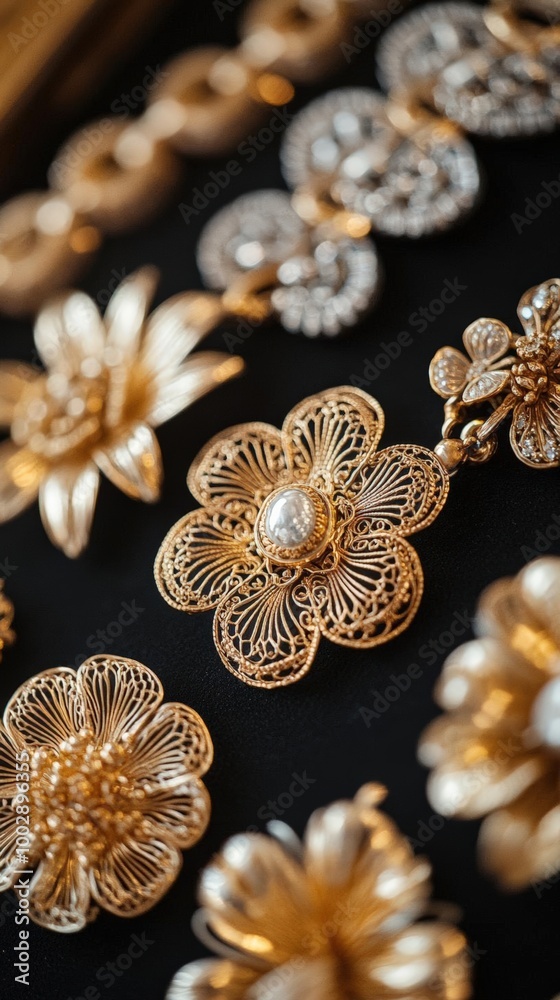 Naklejka premium Present a close-up of antique jewelry showcasing intricate gold filigree Capture the essence of opulent luxury in the design