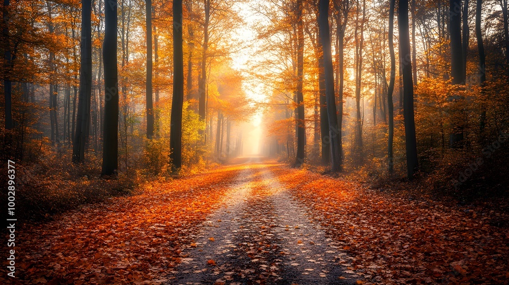 Fototapeta premium Bright landscape of a road across auttumn forest with fallen orange and yellow leafs