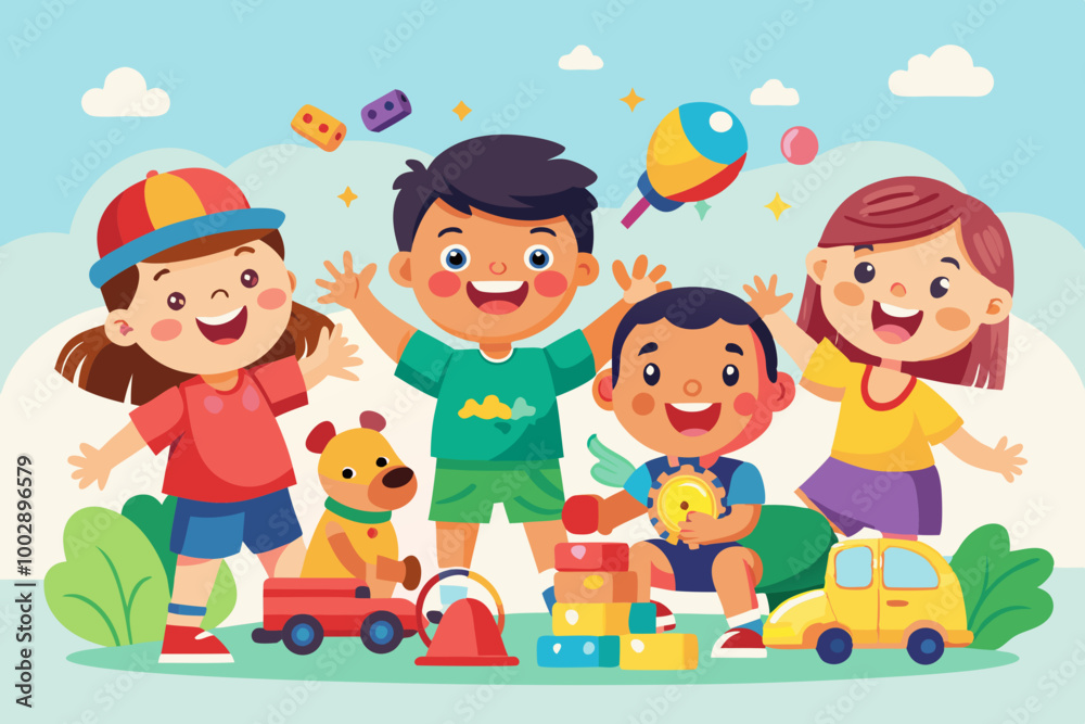Happy children playing with toys VECTOR ILLUSTRATION Happy children playing with toys VECTOR ILLUSTRATION