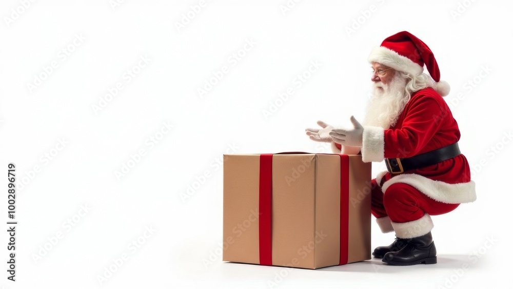 Santa Claus is surprised and happy with a huge gift box on a white background. Place for text Santa Claus is surprised and happy with a huge gift box on a white background. Place for text