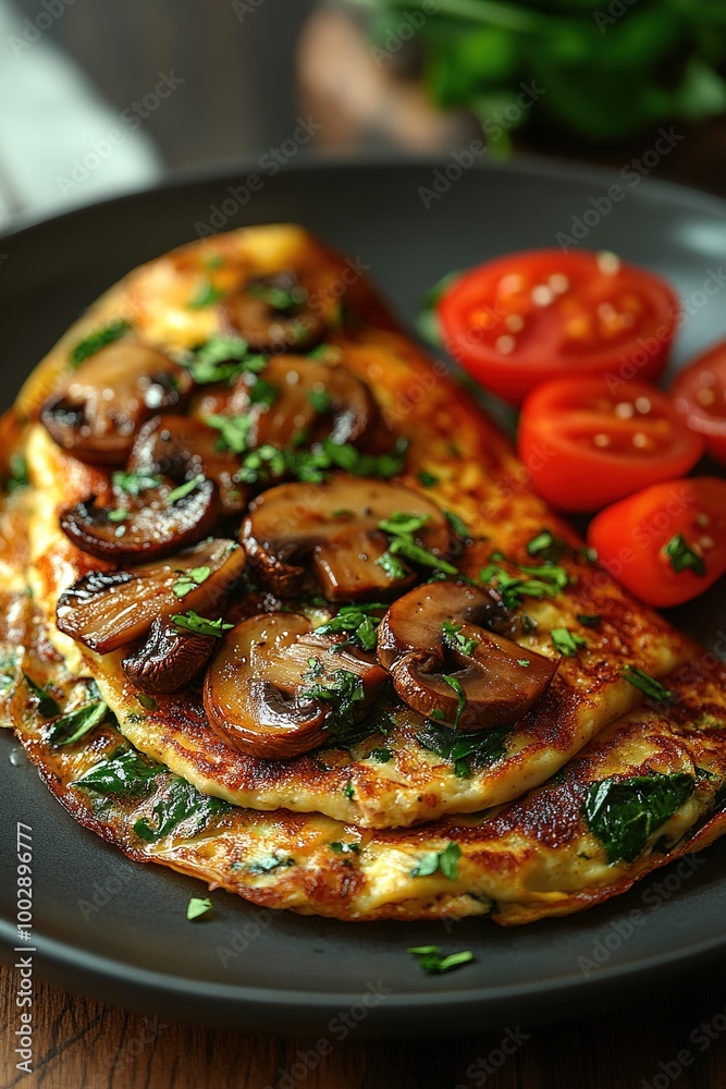 Fresh homemade omelette with mushrooms, feta cheese and herbs. A healthy protein breakfast with mushrooms and spinach