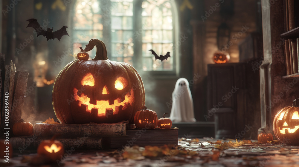 Fototapeta premium Spooky Halloween characters and objects like witches, ghosts, bats, pumpkins, and more!