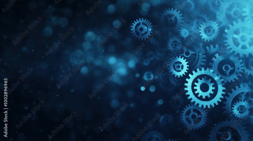Obraz premium Blue gears and cogs on a dark background, a technology banner design for the industrial concept