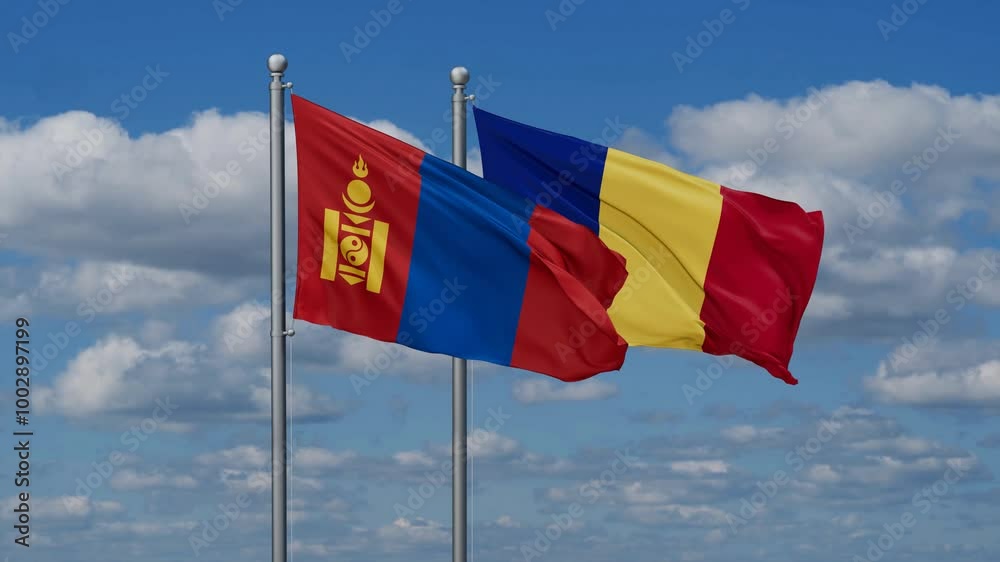 Romania and Mongolia flags flying together, video concept of the relationship, two country cooperation concept Romania and Mongolia flags flying together, video concept of the relationship, two country cooperation concept