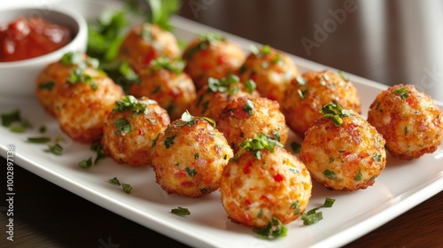 Pequeñas bolas de patata fritas y crujientes, adornadas con hierbas frescas y servidas con una salsa de tomate al lado.