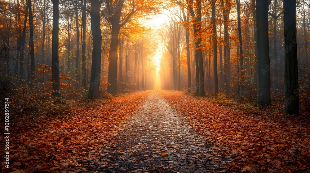Fototapeta premium Bright landscape of a road across auttumn forest with fallen orange and yellow leafs