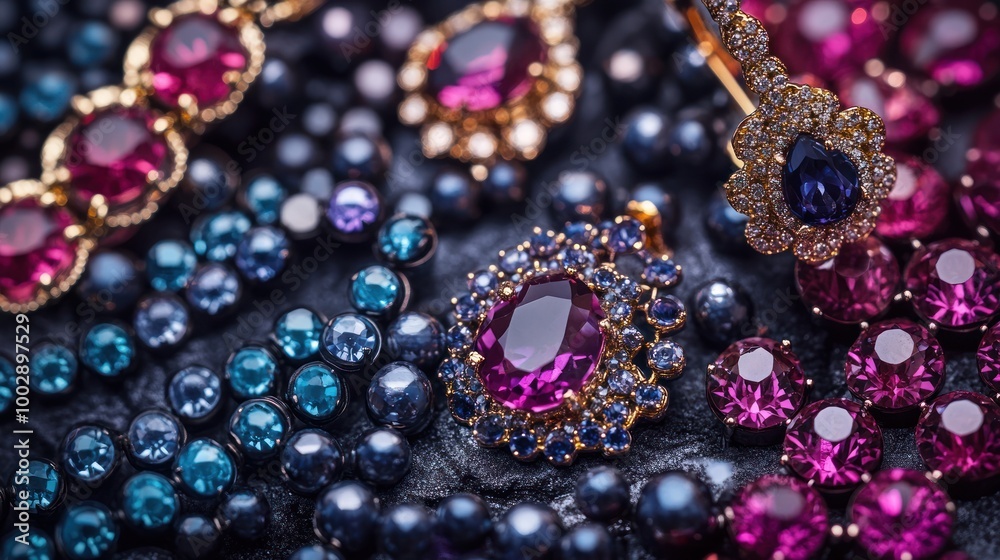 A close-up view of luxurious jewelry featuring vibrant gemstones and intricate designs. A close-up view of luxurious jewelry featuring vibrant gemstones and intricate designs.