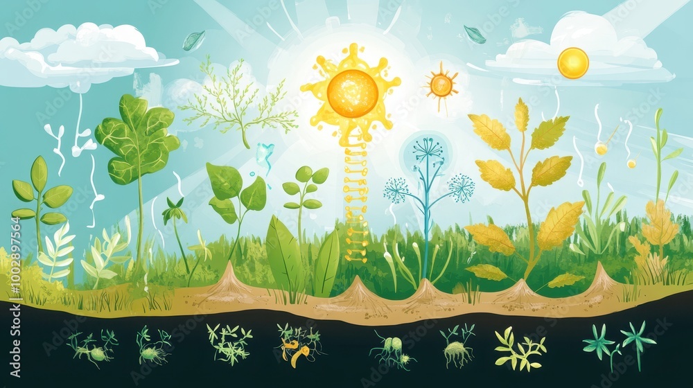 Obraz premium Illustrated plant growth stages from seedlings to mature plants under sunlight.