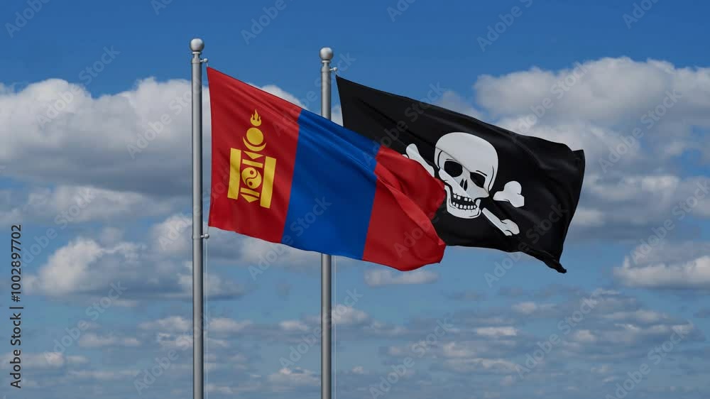 Mongolia and Jolly Roger or pirate flags flying together, video concept of the relationship Mongolia and Jolly Roger or pirate flags flying together, video concept of the relationship