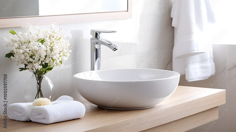 Clean, minimalist bathroom highlighted by fresh flowers in a small vase. Clean, minimalist bathroom highlighted by fresh flowers in a small vase.