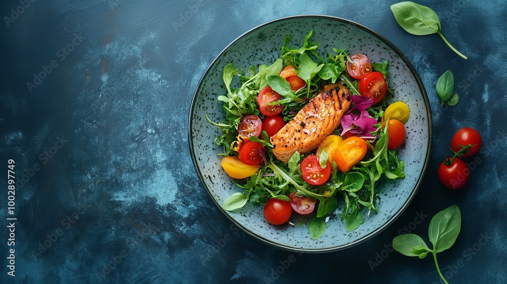 Ensalada de salmón a la parrilla con tomates cherry y verduras frescas, servida en un plato azul. Una opción ligera y saludable.