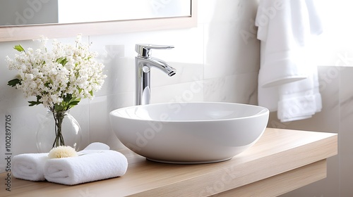 Clean, minimalist bathroom highlighted by fresh flowers in a small vase.