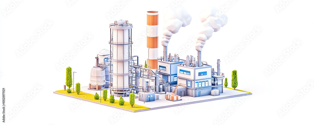 Obraz premium Isometric 3D model of a futuristic power plant, clean white background, miniature format, Power plant isometric 3d model white background miniature, future energy