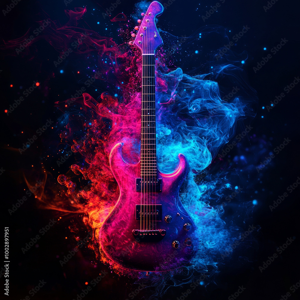 Fototapeta premium A vibrant electric guitar surrounded by swirling smoke and vivid colors in a dark fantasy setting