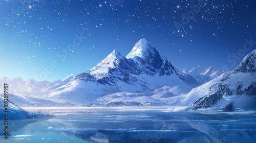 snow-covered mountain and lake reflecting a starry sky, highly detailed fantasy landscape illustration with photo-like precision and stunning visuals in a professional, high-resolution aesthetic