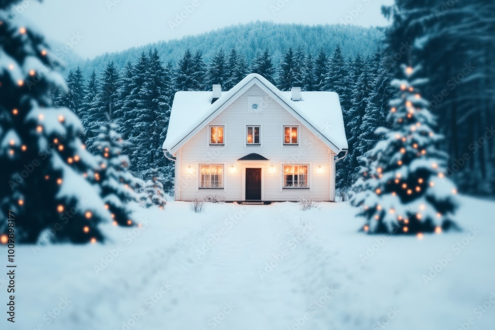 A cozy winter house surrounded by snow and decorated trees. A cozy winter house surrounded by snow and decorated trees.