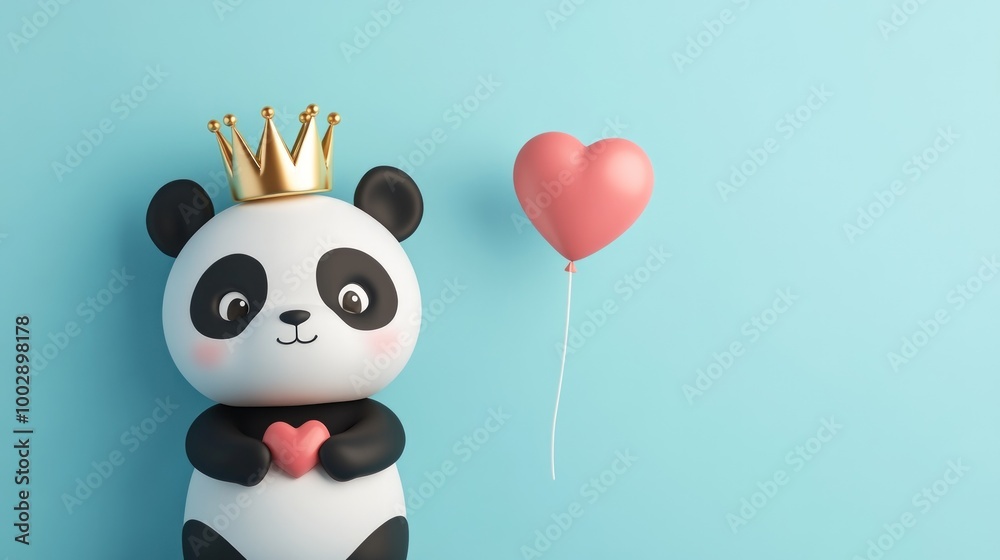 Fototapeta premium Cute panda wearing a crown holding a heart with a pink heart balloon on a blue background.